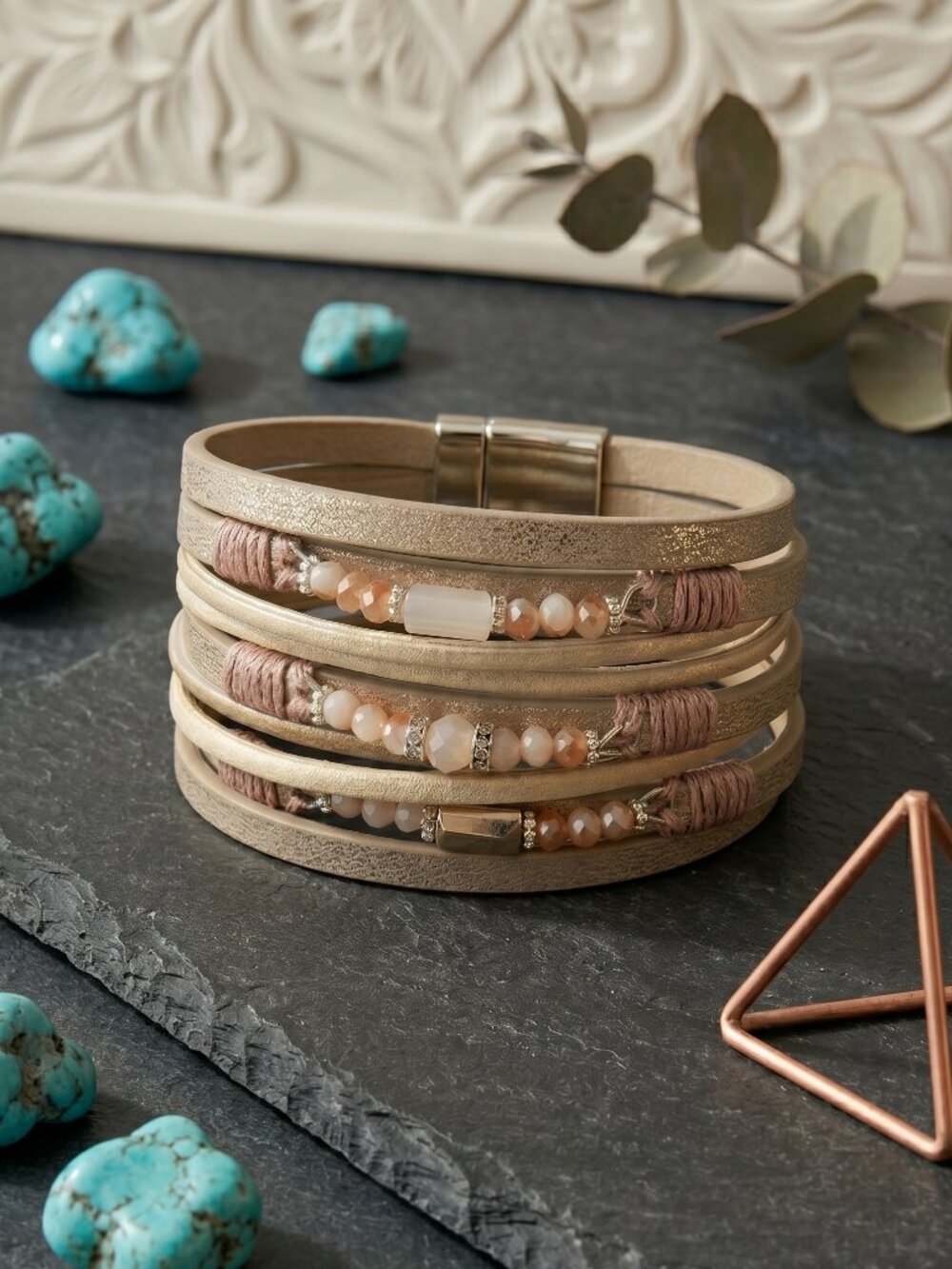 Vegan Leather Wrap Bracelet Champagne Multi Strand Beaded Magnetic Boho 7.5" - Picture 7 of 14